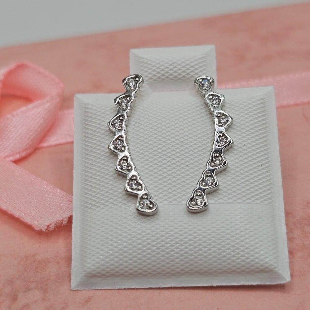 Sterling Silver 925 Rhodium Plated CZ Hearts Drop Stud Earrings - Picture 5 of 7
